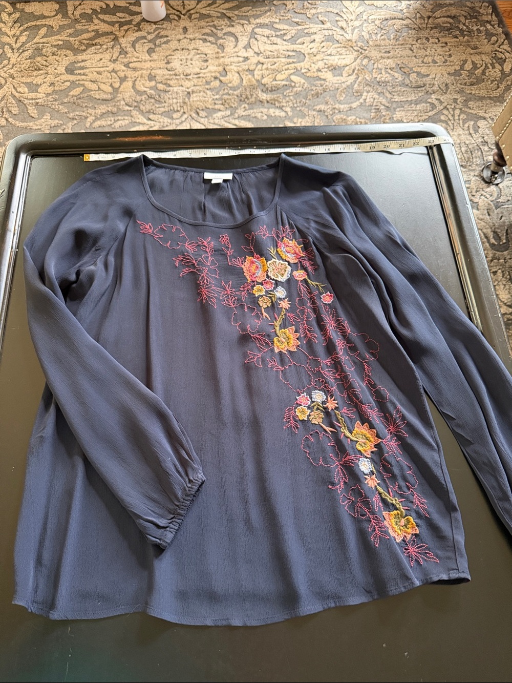 J. Jill Navy Blouse with  Floral Embroidery